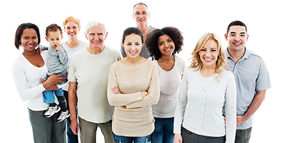 Multigenerational and ethnically diverse group of smiling individuals